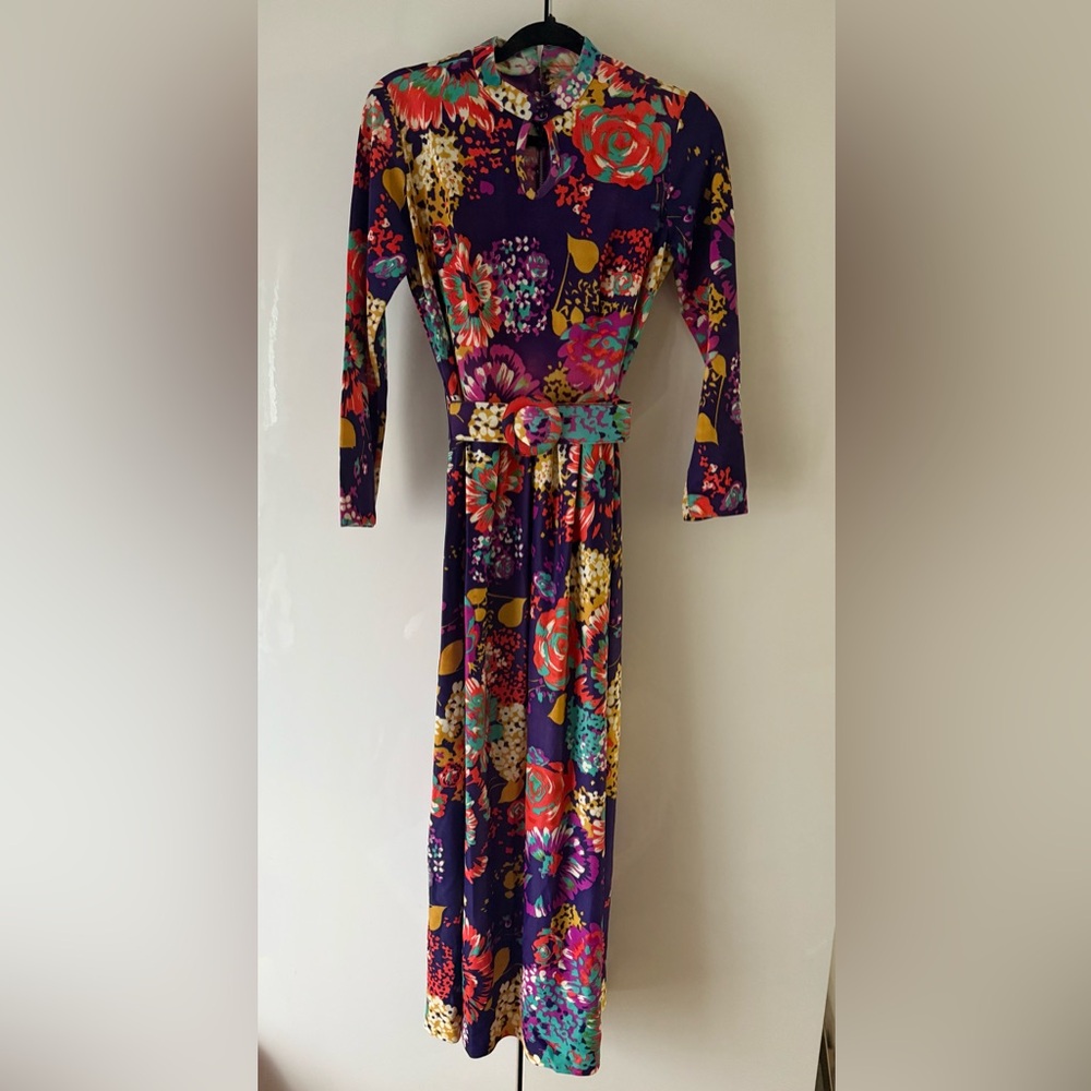 Vintage Floral purple long sleeve belted high neck Dress small